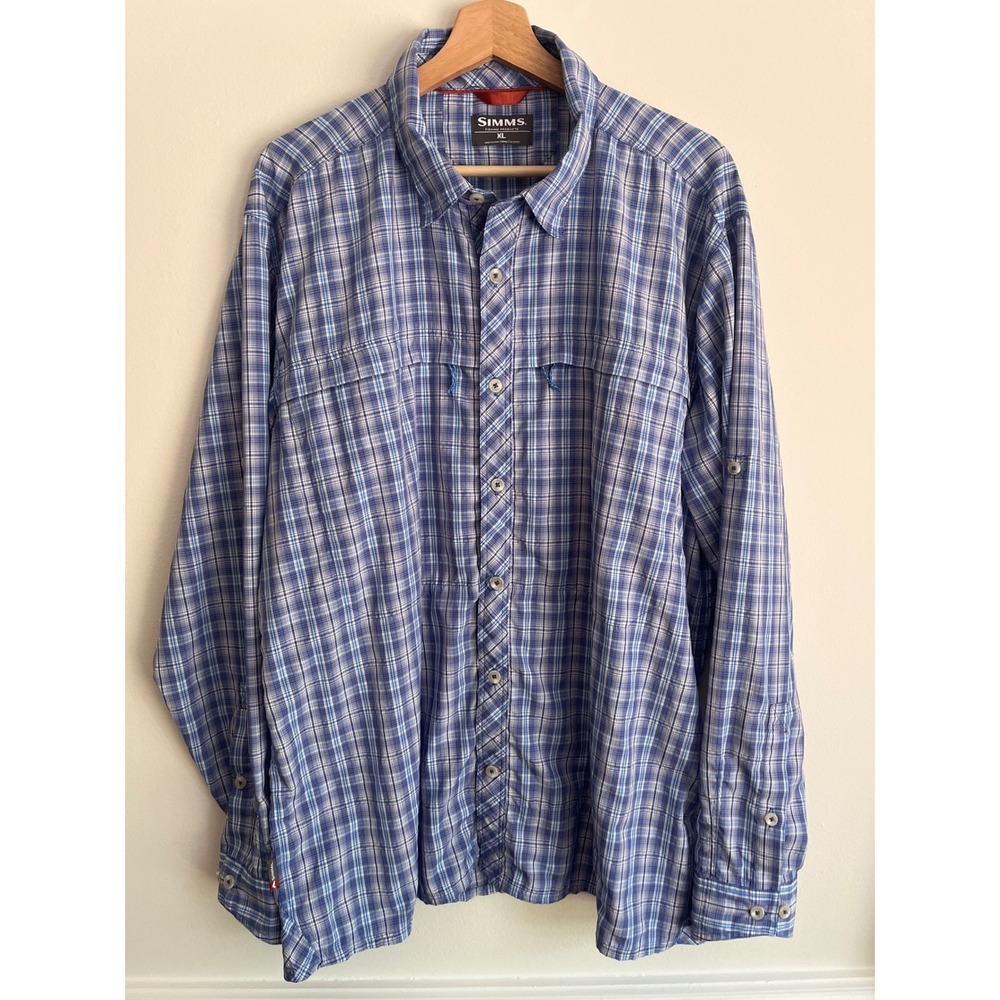 Simms Mens Fishing Shirt XL Plaid Outdoor Long Sleeve Performance Snap Up Vented